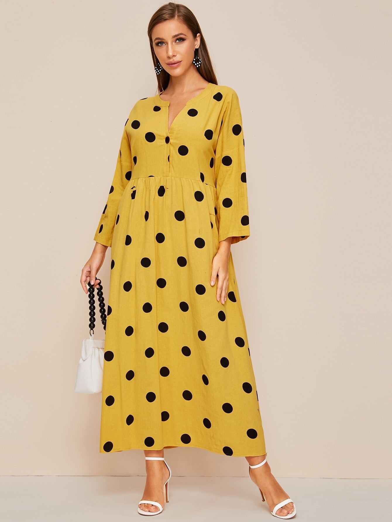 Notched Polka Dot Print Smock Dress