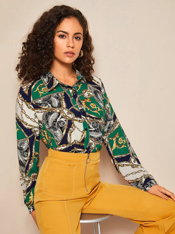 Colour Block Curved Hem Blouse