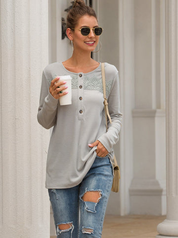 Lace Panel Half Button Tee