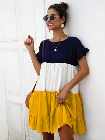 Colour Block Frill Ruffle Hem Dress