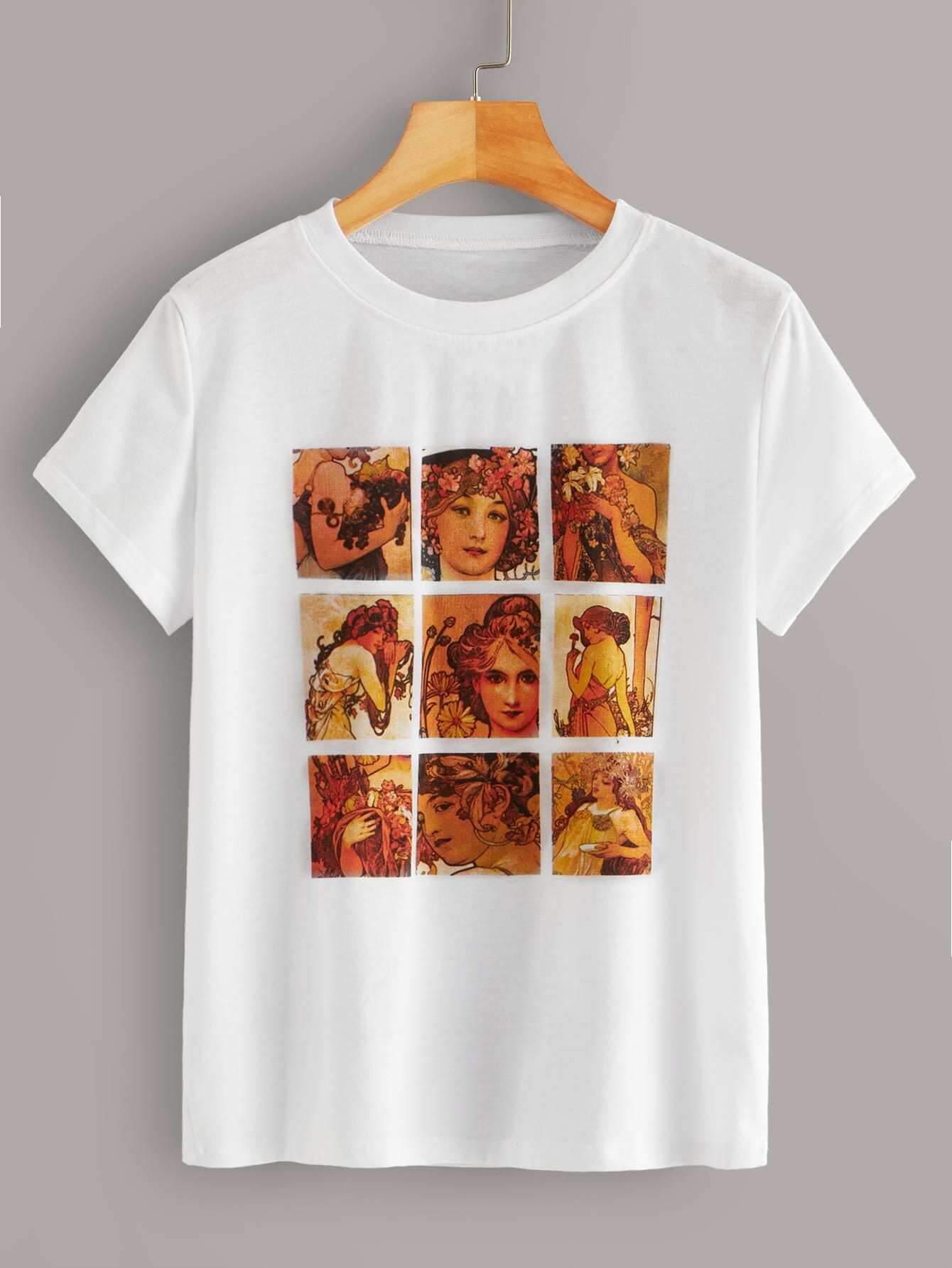 Figure & Floral Print Round Neck Tee