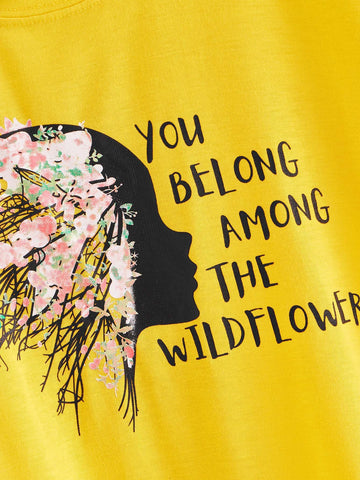 Floral & Slogan Print Round Neck Tee