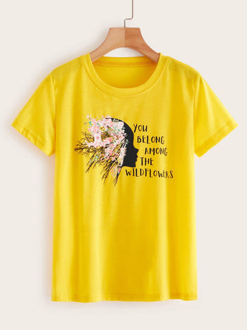 Floral & Slogan Print Round Neck Tee