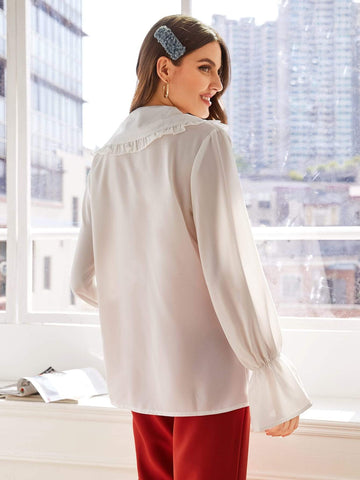 Frill Trim Lapel Flounce Sleeve Chiffon Blouse