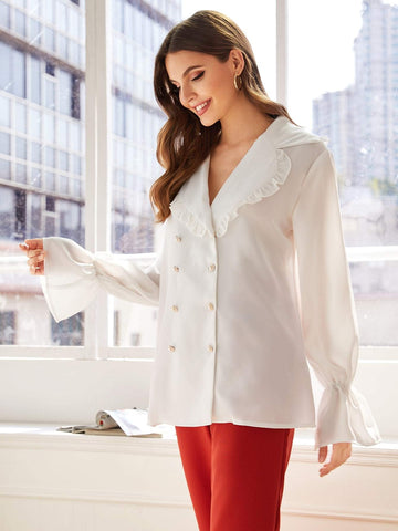 Frill Trim Lapel Flounce Sleeve Chiffon Blouse