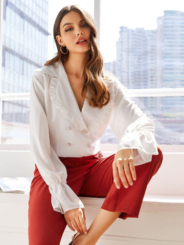 Frill Trim Lapel Flounce Sleeve Chiffon Blouse