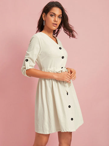 Button Front Self Tie A-line Dress