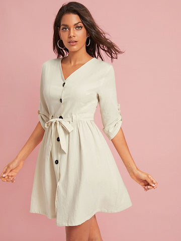 Button Front Self Tie A-line Dress