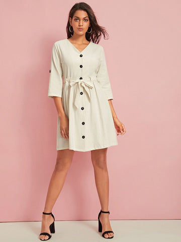 Button Front Self Tie A-line Dress