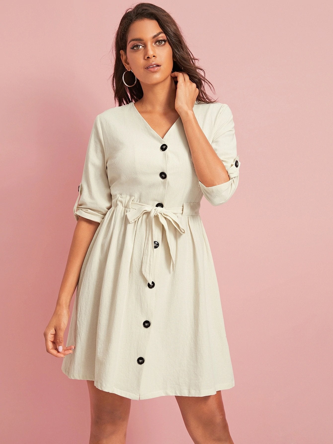 Button Front Self Tie A-line Dress