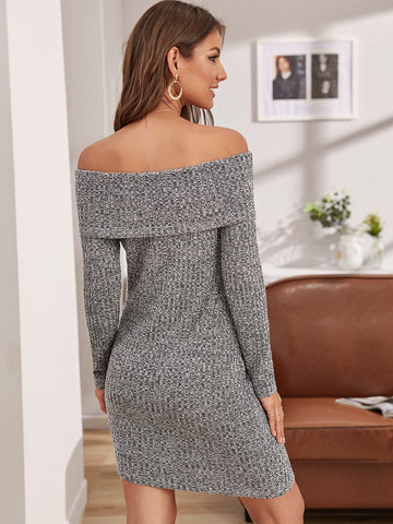 Off Shoulder Marled Knit Bodycon Jumper Dress