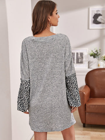 Leopard Puff Sleeve Jumper Dress Without Belt