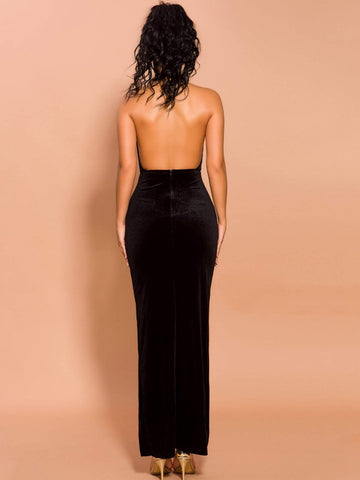 Missord Split Thigh Backless Draped Halter Velvet Dress