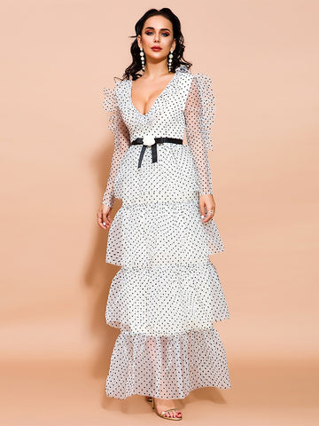 Missord Polka-dot Layered Ruffle Mesh Prom Dress