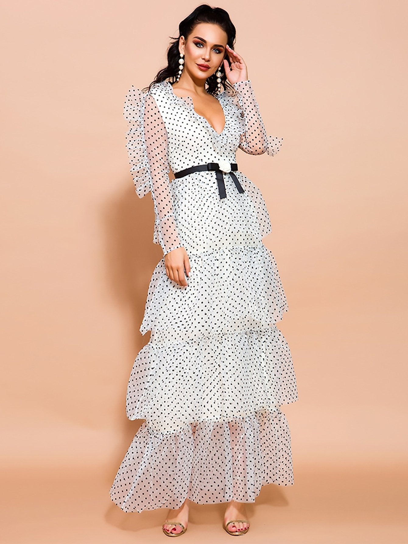 Missord Polka-dot Layered Ruffle Mesh Prom Dress