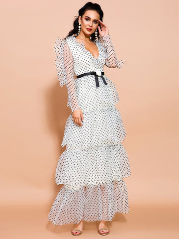 Missord Polka-dot Layered Ruffle Mesh Prom Dress