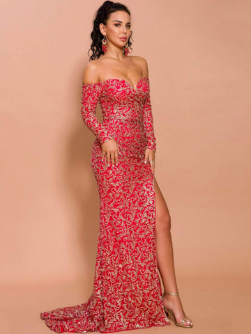 Missord Split Thigh Bardot Sequin Prom Dress