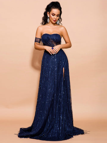 Missord Split Thigh One Shoulder Sequin Mesh Maxi Dress