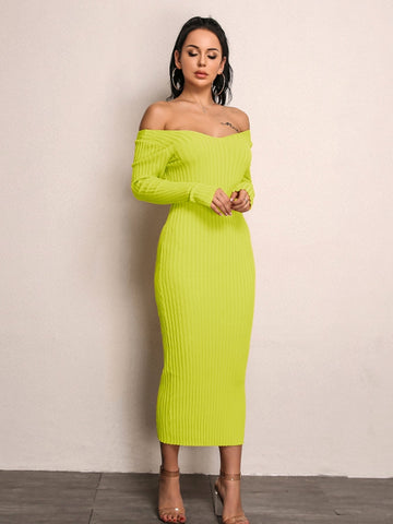 Simplee Neon Lime Bardot Rib-knit Jumper Dress