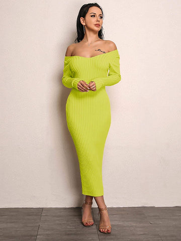 Simplee Neon Lime Bardot Rib-knit Jumper Dress