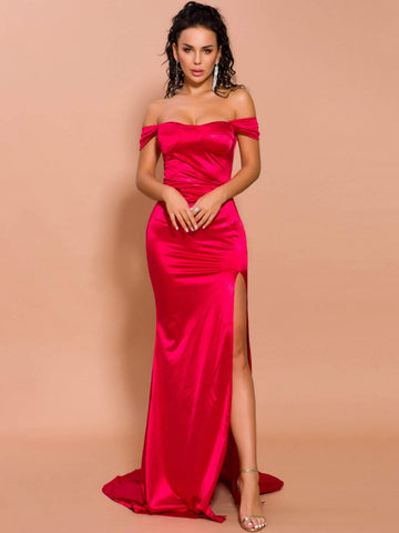 Missord Split Thigh Bardot Satin Floor Length Prom Dress