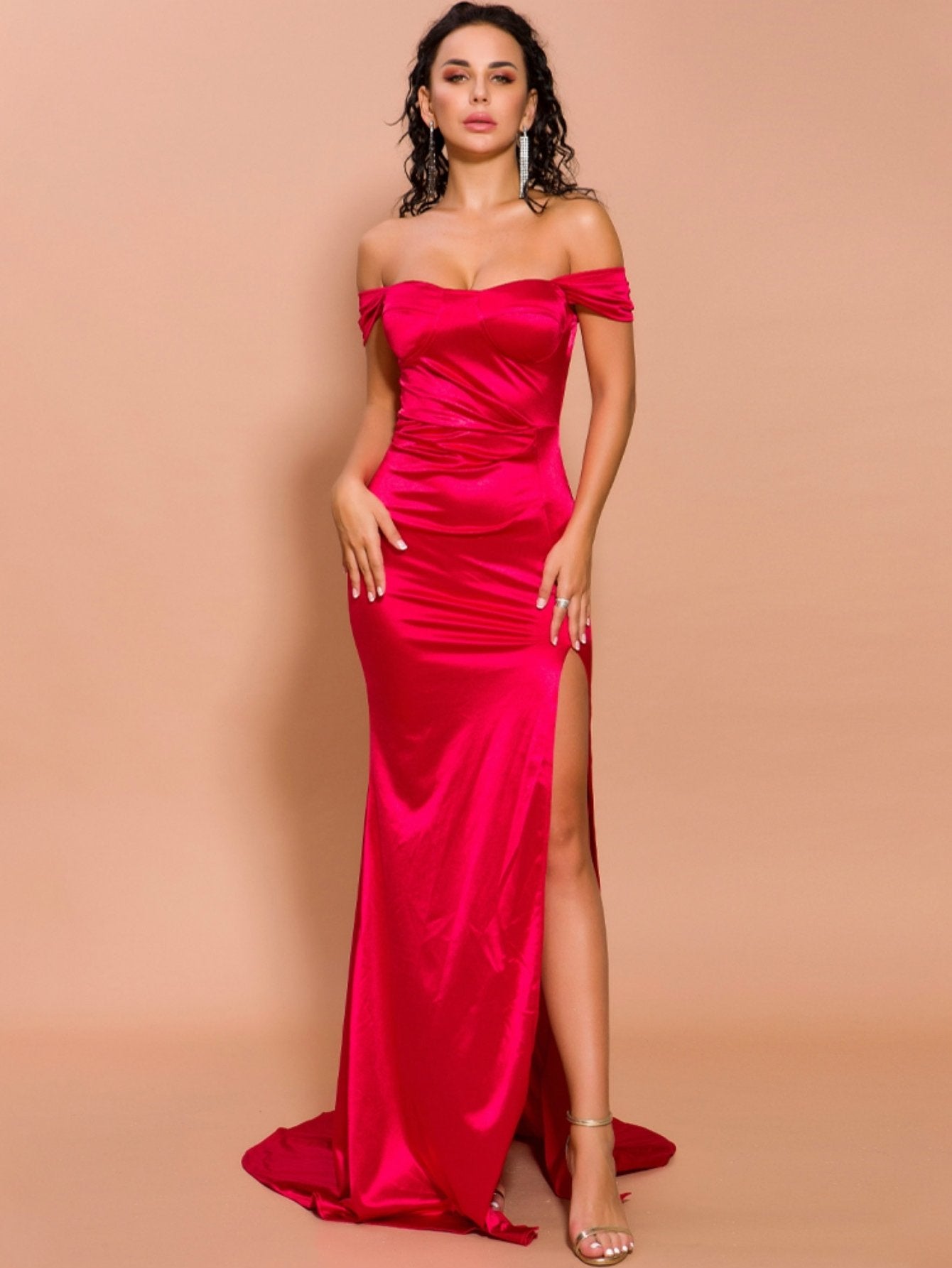 Missord Split Thigh Bardot Satin Floor Length Prom Dress