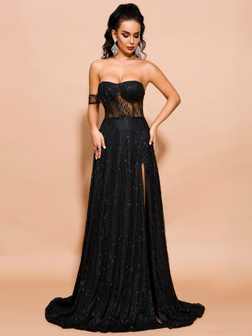 Missord Split Thigh One Shoulder Sequin Mesh Maxi Dress