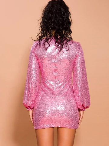 Missord Neon Pink Blouson Sleeve Sequin Bodycon Dress