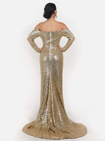 Missord Split Thigh Sequin Bardot Prom Dress