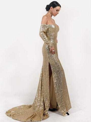 Missord Split Thigh Sequin Bardot Prom Dress