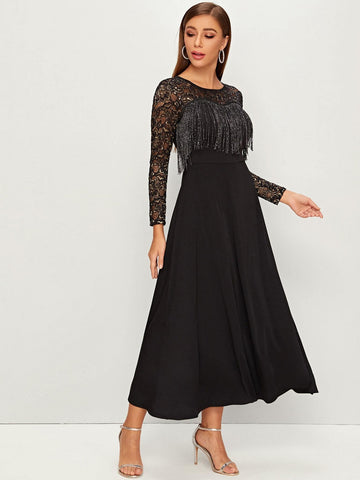 Lace Panel Fringe Detail Dress
