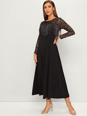 Lace Panel Fringe Detail Dress