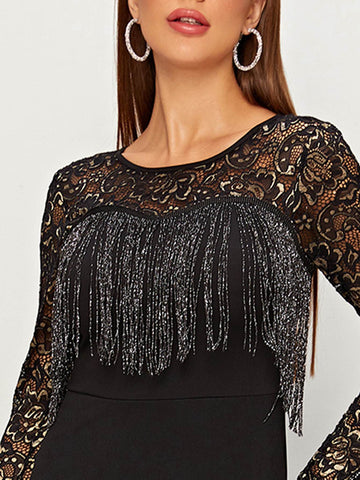 Lace Panel Fringe Detail Dress