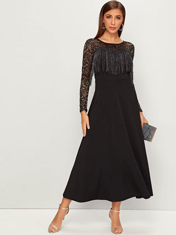 Lace Panel Fringe Detail Dress