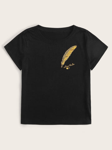 Feather Print Round Neck Tee