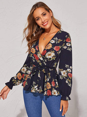 Floral Print Belted Peplum Top