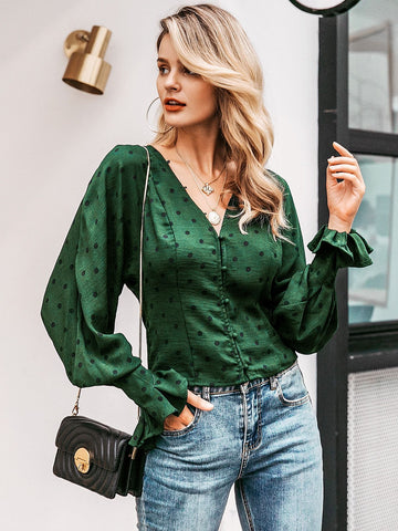 Simplee Flounce Sleeve Polka-dot Shirt
