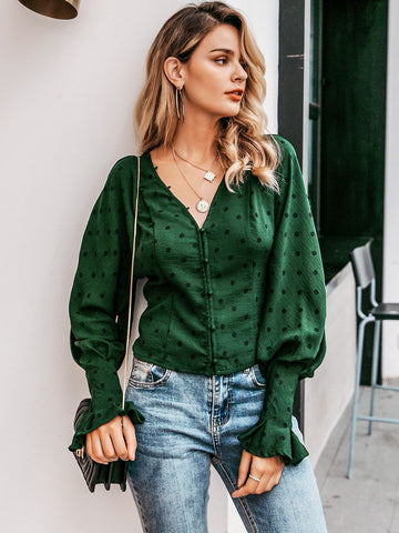 Simplee Flounce Sleeve Polka-dot Shirt