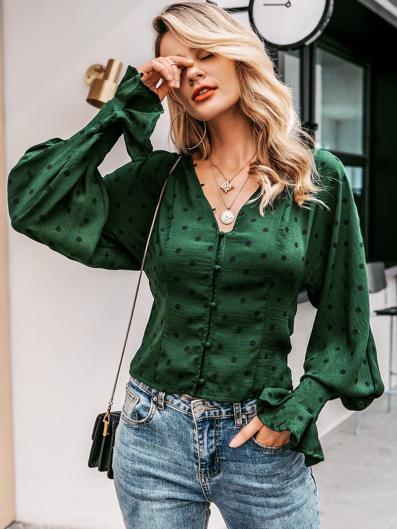 Simplee Flounce Sleeve Polka-dot Shirt