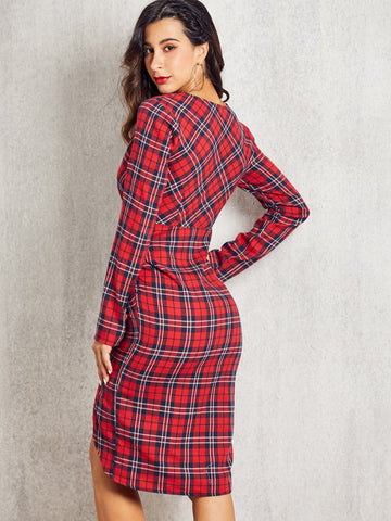 SBetro Tartan Print Slit Hem Bodycon Dress