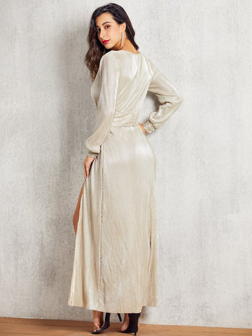 SBetro Split Thigh Pleated Velvet Maxi Dress
