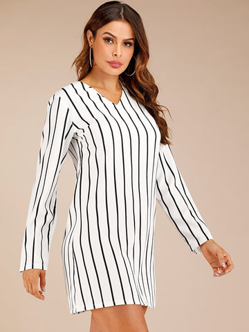 V-Neck Striped Fitted Short Dress