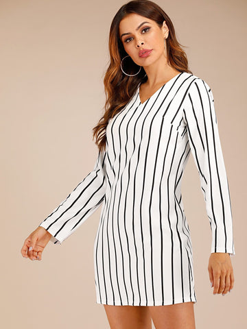 V-Neck Striped Fitted Short Dress