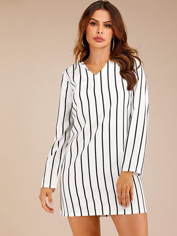 V-Neck Striped Fitted Short Dress