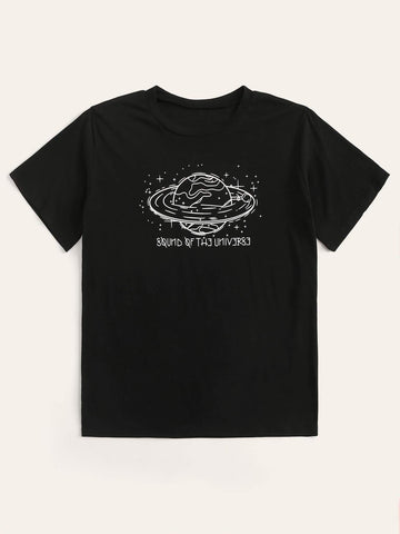 Galaxy & Letter Print Round Neck Tee