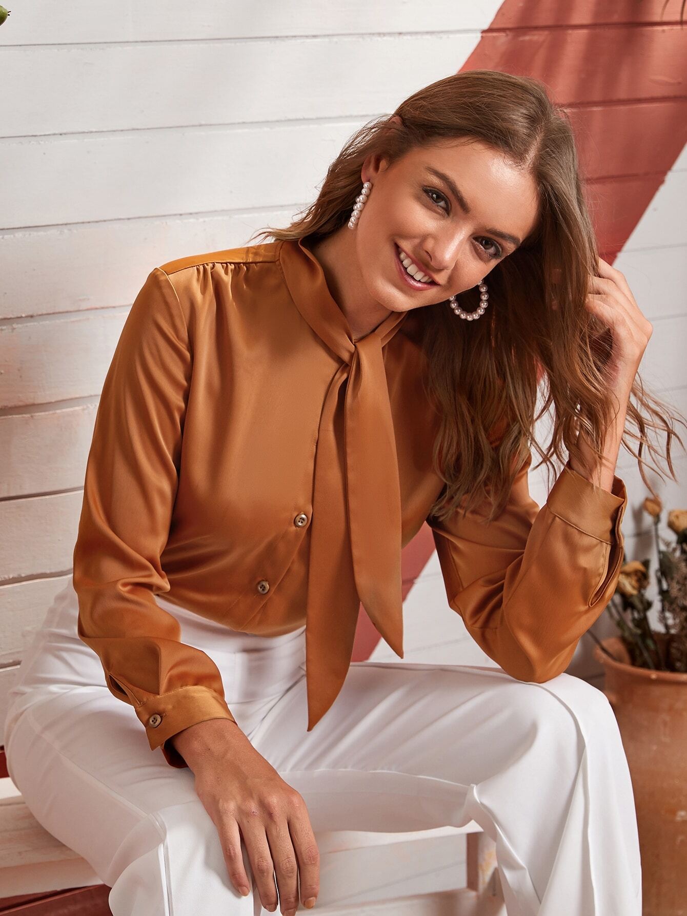 Tie Neck Single Breasted Satin Blouse