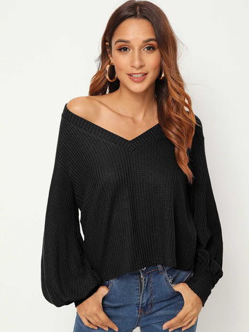 V Neck Solid Puff Sleeve Jumper