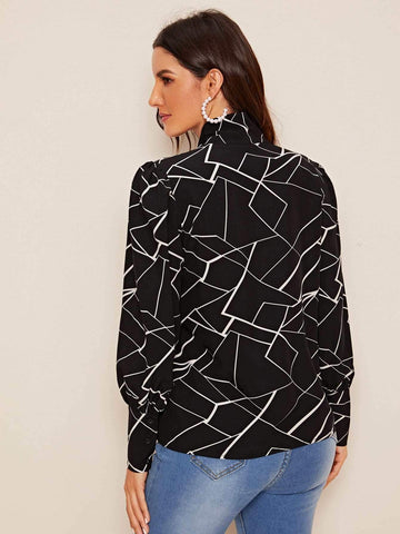Geometric Print Tie Neck Blouson Sleeve Blouse