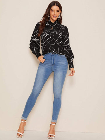 Geometric Print Tie Neck Blouson Sleeve Blouse