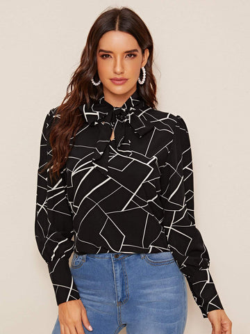 Geometric Print Tie Neck Blouson Sleeve Blouse